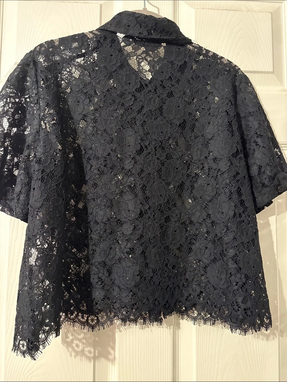 Zara Black Lace Short-Sleeve Blouse with White Bow Closures